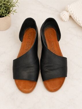 Sole Society Colvan Black Leather d’Orsay Open Toe Flat Sandals Size 9 EUC